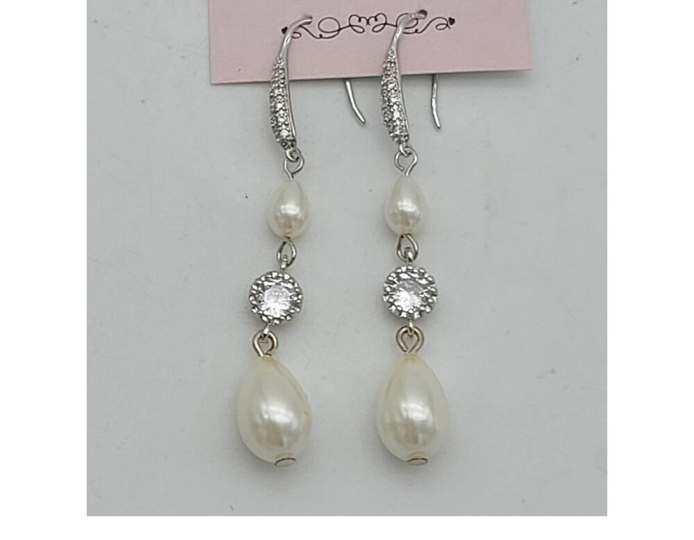 Belle Studio Bijoux CZ Crystal & White Pearl Teardrop Dangle Earrings NWT